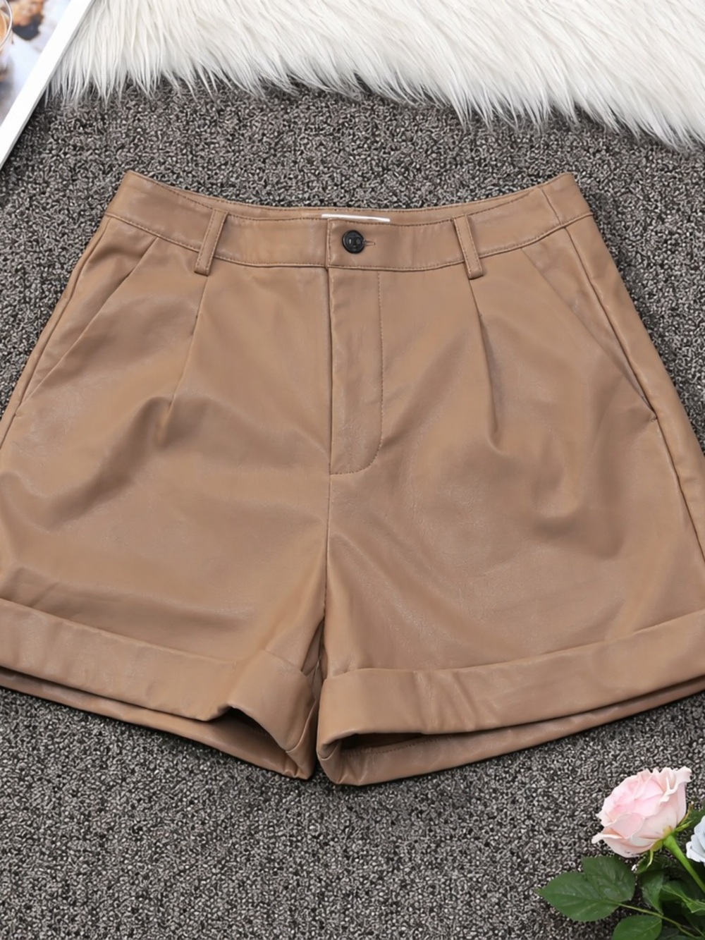 Kensie Tan Faux Leather Pleated Cuffed Shorts